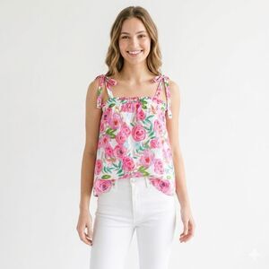 BROOKE WRIGHT Pink Floral Tank XS Tie Strap Cotton Ruffle Square Neck Top